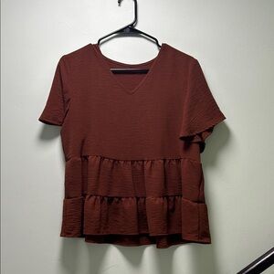SHEIN Chocolate Brown Ruffled Short Sleeve Top